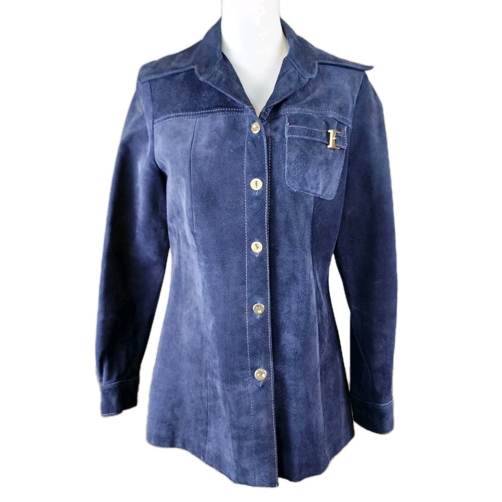 Lillie Rubin 70s Suede Leather Jacket Womens Small‎ Navy Blue Fitted Western VTG